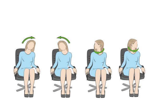 ilustrações de stock, clip art, desenhos animados e ícones de exercises for the head and neck in the office at the workplace. vector - white background yoga exercising women