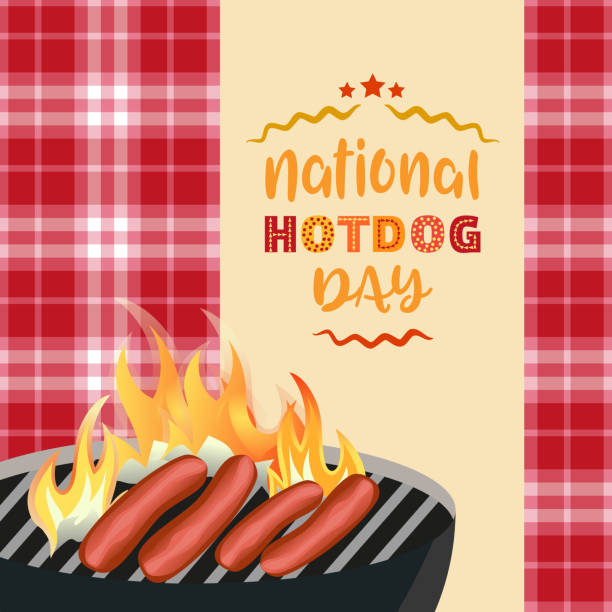 Hot dog day icon Hot dogs day greeting card. July National Hot Dog Month holiday celebration. Grilled sausages colorful American food symbol. Template for summer festival carnival event background. Vector illustration vienna sausage stock illustrations