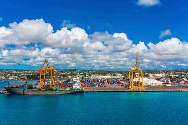 Freighter and Containers in Barbados stock photo