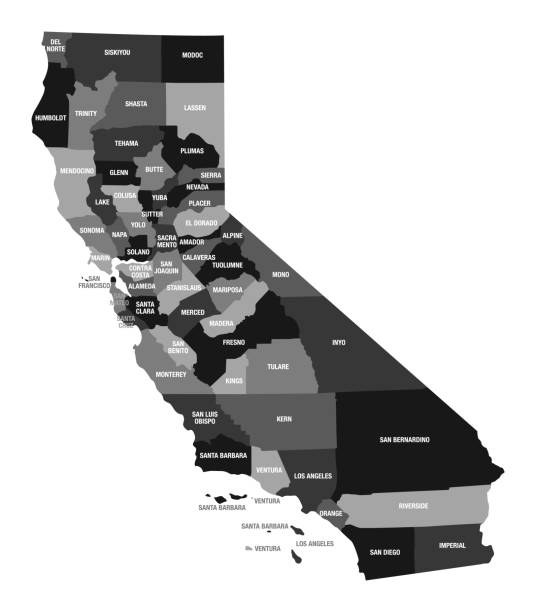 illustrazioni stock, clip art, cartoni animati e icone di tendenza di mappa dettagliata dello stato di calfornia con le divisioni di contea - label travel san diego california california