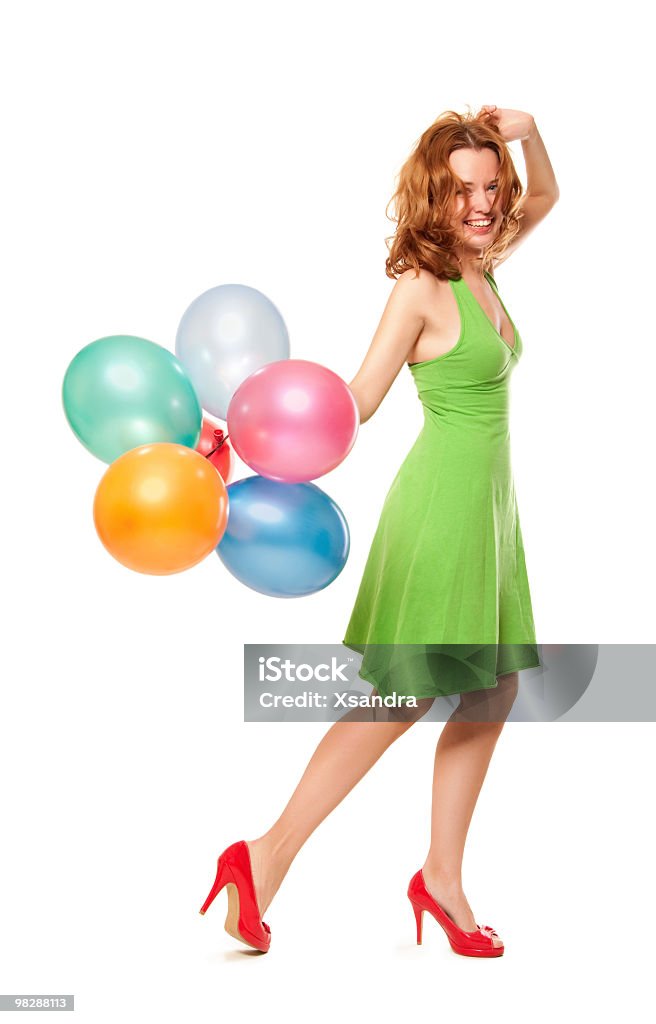 Happy woman portrait Happy young woman with balloons, Isolated on white Party - Social Event Stock Photo