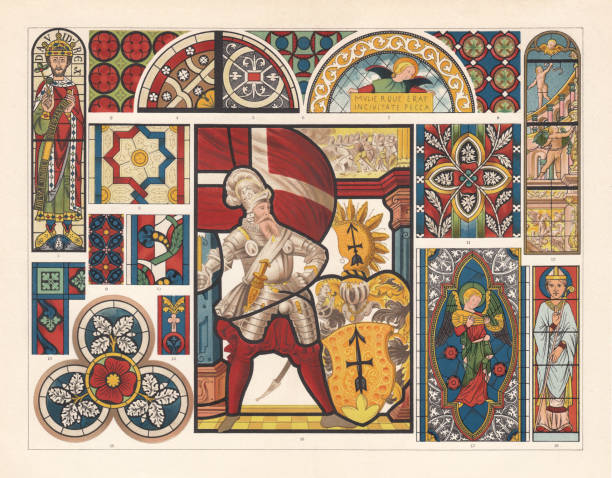 ilustraciones, imágenes clip art, dibujos animados e iconos de stock de vidrieras, litografía, publicado en 1897 - stained glass glass art church