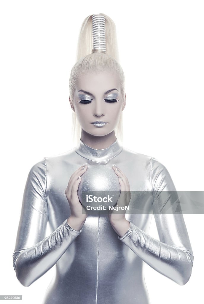 Beautiful cyber woman with silver ball  Futuristic Stock Photo