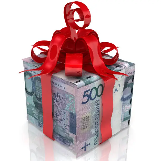 The box made from bills of 500 Belarusian rubles tied with a red ribbon and a bow. 3D Illustration