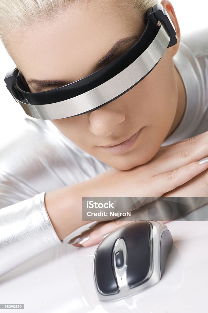 Beautiful cyber woman with computer mouse  Adult Stock Photo