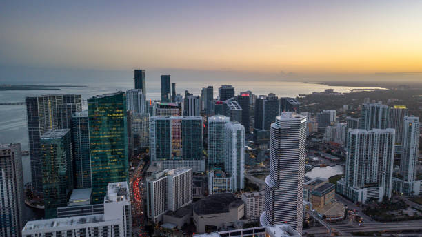 Aerial drone shot of Brickell Miami at dusk 1 stock photo