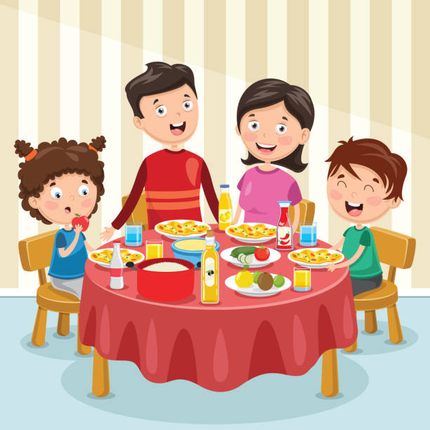 ilustraciones, imágenes clip art, dibujos animados e iconos de stock de vector ilustración de familia cenando - cena familiar