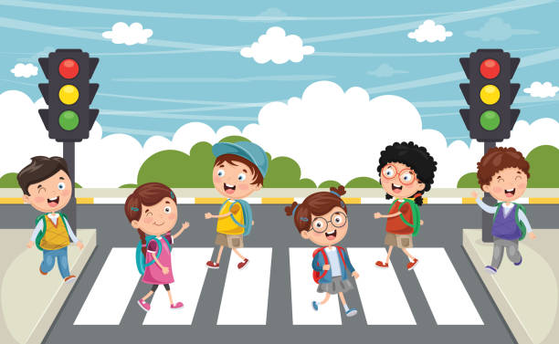 ilustraciones, imágenes clip art, dibujos animados e iconos de stock de vector ilustración de niños caminando por el cruce de peatones - transporte escolar