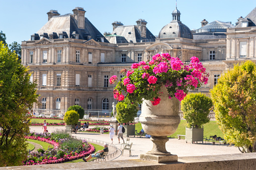 The Parisian citylandscape - view of the Luxembourg Palace through flowerpot with flowers, Paris, France, July 18, 2016