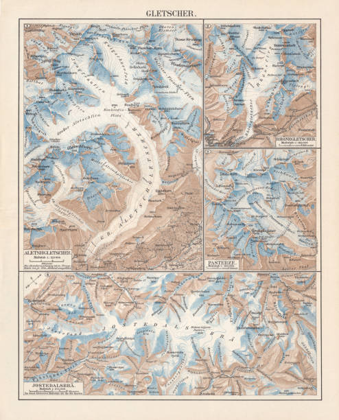 топографические карты европейских ледников, литография, опубликованная в 1897 году - map switzerland cartography mountain stock illustrations