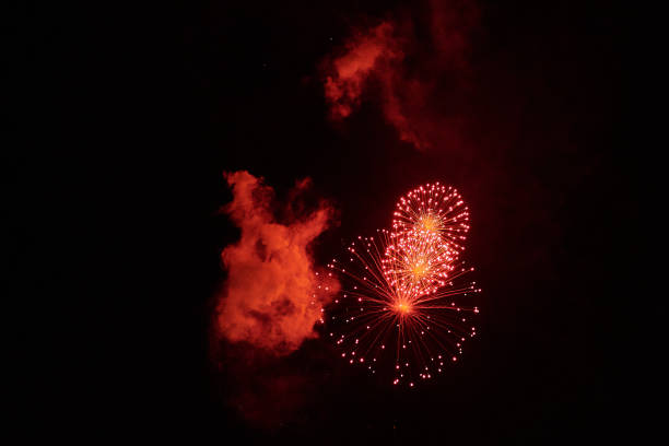 istock Inexpensive fireworks, over the city, red. 982968858