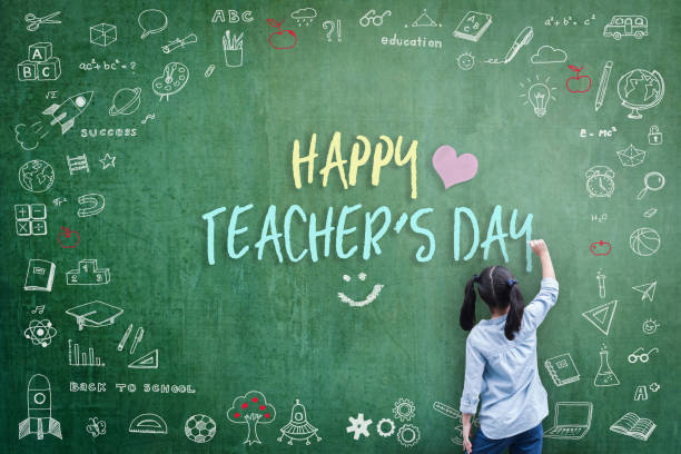 istock Happy Teacher's Day greeting for World teachers day concept with school student back view drawing doodle of of learning education graphic freehand illustration icon on green chalkboard 982989170