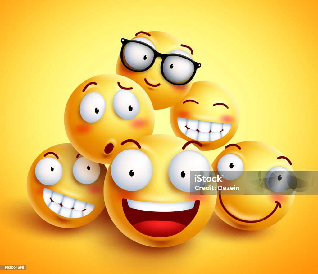 Smileys Face Vector Design With Group Of Cheerful Happy Friends Of ...