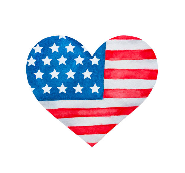 flagge der vereinigten staaten von amerika in herzform. - american flag fourth of july watercolor painting painted image stock-grafiken, -clipart, -cartoons und -symbole