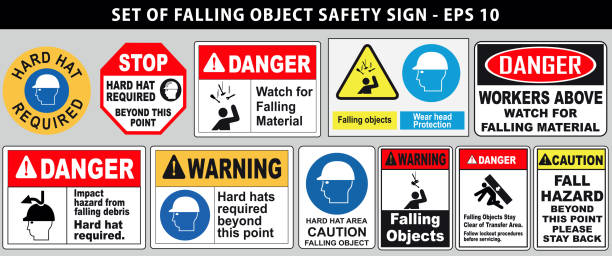 set of falling object hazard or hard hat safety sign set of falling object hazard or hard hat safety sign. easy to modify construction zone signs stock illustrations