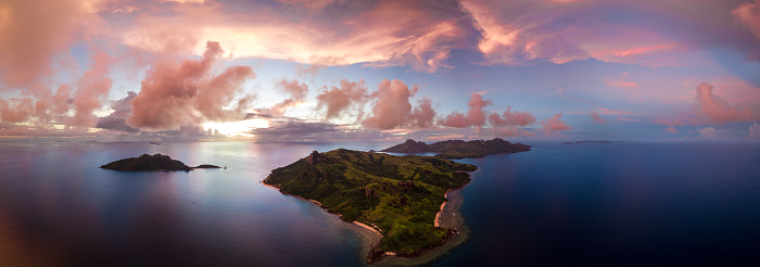 Aerial shot of Fiji islands at sunset