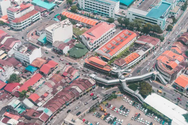 Aerial view of the heart of Georgetown Penang from Komtar the tallest building in Penang