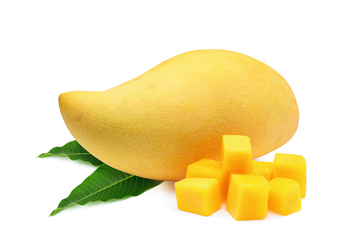ripe yellow mango fruit with leaves isolated on white background