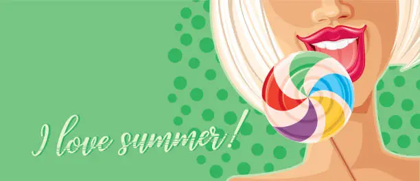 Vector illustration of I love Summer! Blond girl with lollipop.