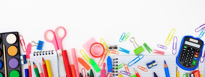 School supplies on white background - copy space