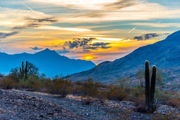 estrella mountain sunset - hill dusk sunset heat haze stock-fotos und bilder