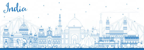 zarys indie city skyline z blue budynków. - new seven wonders of the world stock illustrations