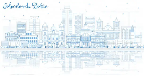 Vector illustration of Outline Salvador de Bahia City Skyline with Blue Buildings and Reflections.