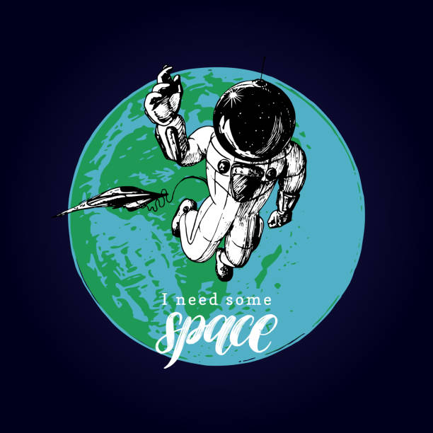 istock I Need Some Space handwritten phrase. Drawn vector illustration of astronaut and space shuttle on Earth background. 983165892