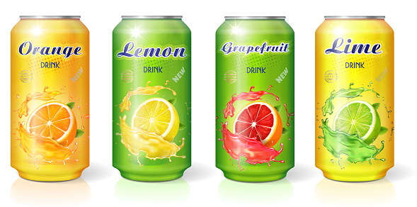 Soft drink citrus lemon orange lime grapefruit flavor contained in metal cans set
