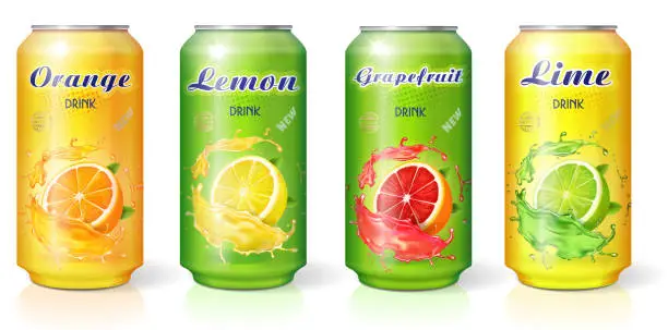 Vector illustration of Soft drink citrus lemon orange lime grapefruit flavor in metal cans