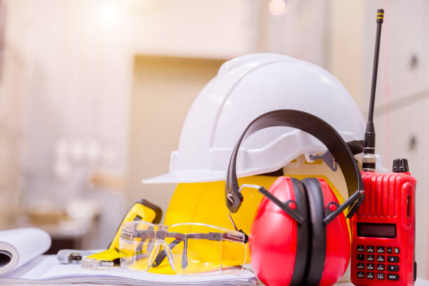 istock Standard construction safety equipment in control room, Construction and Safety Concept. 983197122