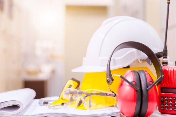 istock Standard construction safety equipment in control room, Construction and Safety Concept. 983197126