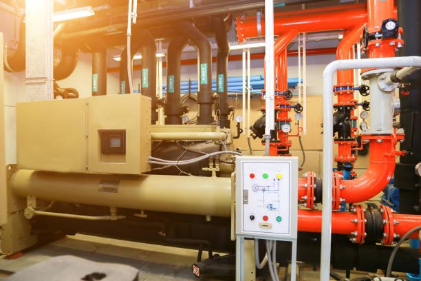 industrial chiller plant room. industrial chiller plant room. chiller hvac equipment photos stock pictures, royalty-free photos & images