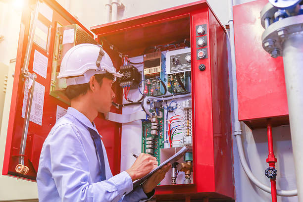 엔지니어 검사 산업 화재 제어 시스템 - fire extinguisher office safety protection 뉴스 사진 이미지