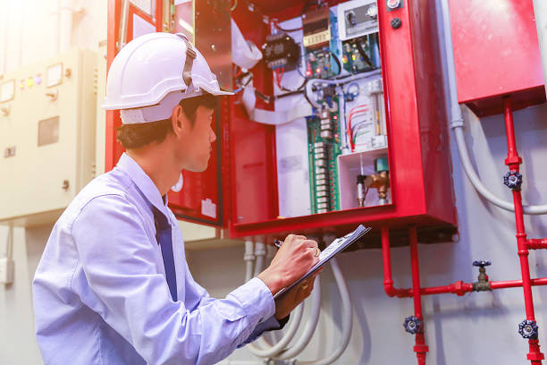 Engineer inspection Industrial fire control system stock photo
