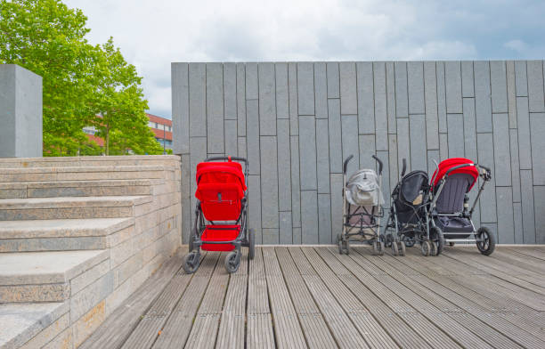 Buggies parked in line on a jetty against a wall