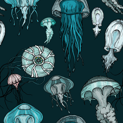 Seamless pattern with Ocean life organisms jellyfish. Sea background. Vector illustration