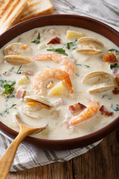 istock English clam chowder soup close-up. vertical 983252306