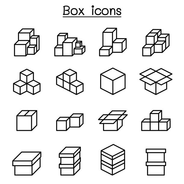 illustrations, cliparts, dessins animés et icônes de jeu d’icônes de boîtes dans le style de ligne fine - various sizes