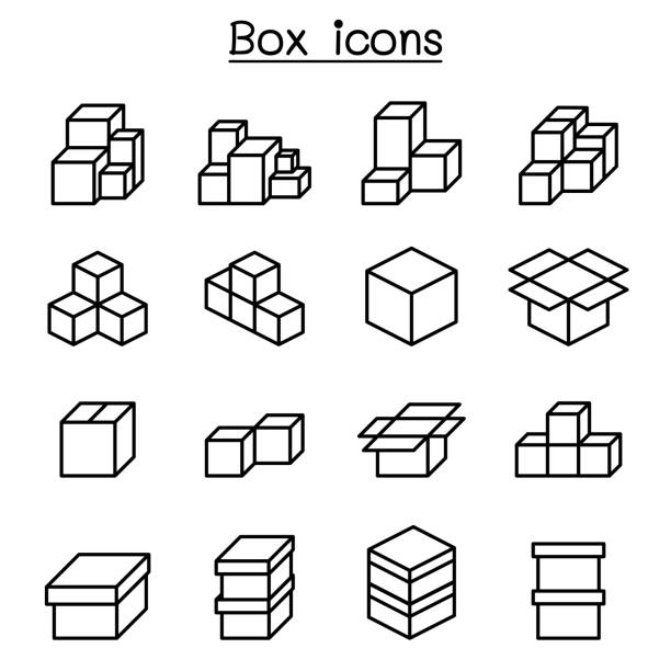 Boxes icon set in thin line style Boxes icon set in thin line style cube shape stock illustrations