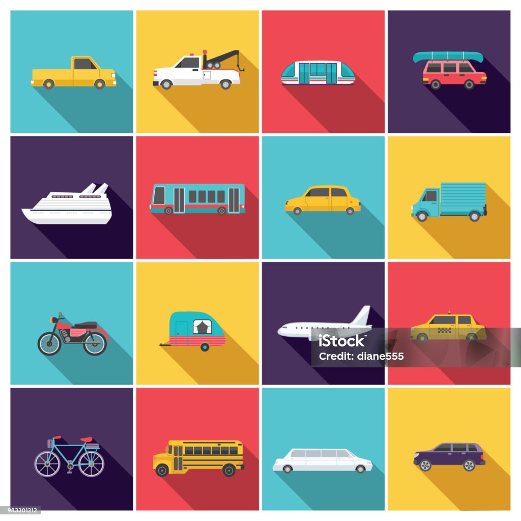 Transportation Icon Set In Flat Design Style Transportation Icon Set In Flat Design Style. Simple, easy to edit. Bright bold colors. Car stock vector