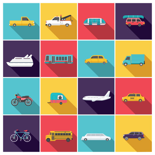 Transportation Icon Set In Flat Design Style Transportation Icon Set In Flat Design Style. Simple, easy to edit. Bright bold colors. bus transportation stock illustrations