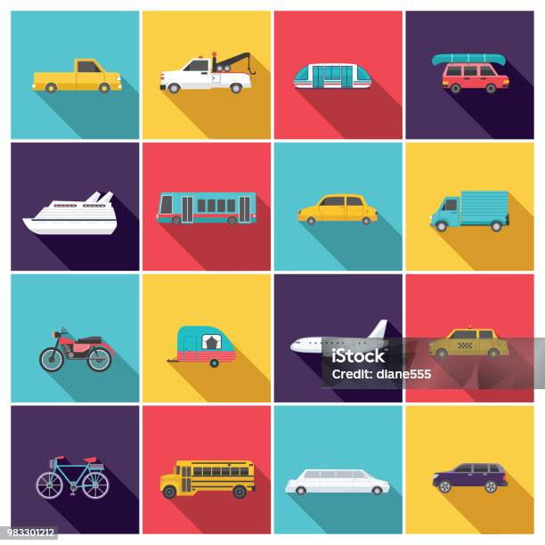 Transportation Icon Set In Flat Design Style Stock Illustration - Download Image Now - Car, Icon Symbol, Illustration