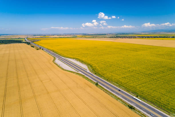 istock Aerial drone landscape view over highway and agriculture fields during summer 983306026