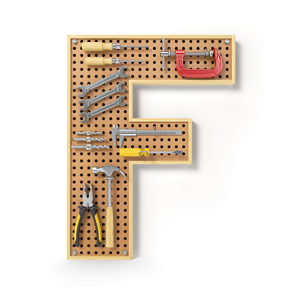 Letter F in the form of metal pegboard with tools isolated on white.  3d illustration