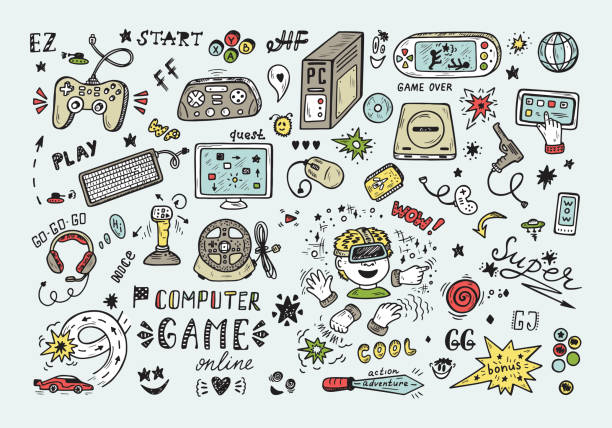 ilustraciones, imágenes clip art, dibujos animados e iconos de stock de vector set iconos del gadget. artículos de dibujado doodle juego de computadora de mano. juegos de video. - juegos ilustraciones