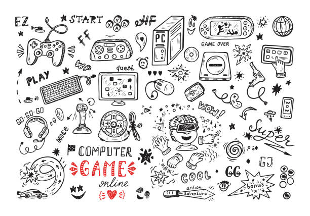 gadget icons vektor festgelegt. hand gezeichnet doodle computerspiel elemente. video-spiele. - 4797 stock-grafiken, -clipart, -cartoons und -symbole