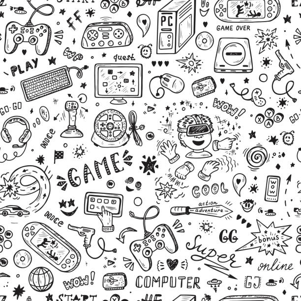 ikony gadżetów wektor bezszwowy wzór. ręcznie rysowane doodle przedmioty gry komputerowej. tło gier wideo. - handheld video game video game technology playing stock illustrations