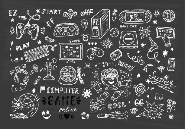 illustrazioni stock, clip art, cartoni animati e icone di tendenza di icone gadget set vettoriale. oggetti di gioco per computer doodle disegnati a mano. videogiochi. - 4812