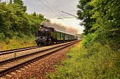 Beautiful old Czech train with steam locomotive. Concept for retro, travel and train travel. Train tracks and a cruise train in the countryside.